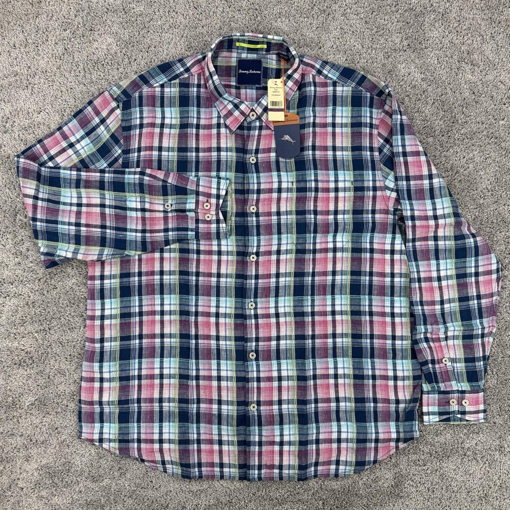 Tommy Bahama Shirt Men's XXL Bering Blue NWT Romario Plaid 100% Linen Button Up